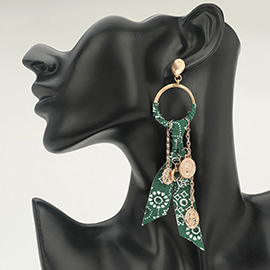 Religious Medal Drop Fabric Knot Statement Earrings