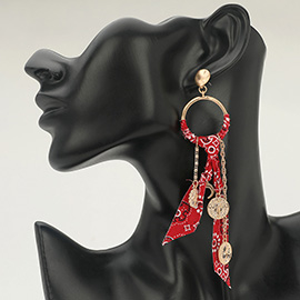 Religious Medal Drop Fabric Knot Statement Earrings