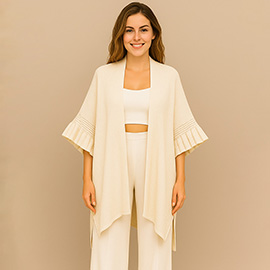 Solid Knit Open Front Punched Ruffle Sleeves Kimono Poncho