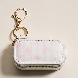 Bow Striped Pattern Printed Rectangular Travel Jewelry Case Keychain Bag Charm