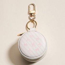 Bow Striped Pattern Printed Round Shaped Jewelry Case Keychain Bag Charm