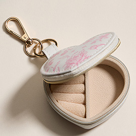 Floral Pattern Print Heart Shaped Jewelry Case Keychain Bag Charm