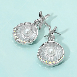 Silver Dipped Starfish Pearl Accent Seashell Drop Dangle Earrings
