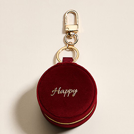 HAPPY Embroidered Round Shaped Travel Jewelry Case Keychain Bag Charm