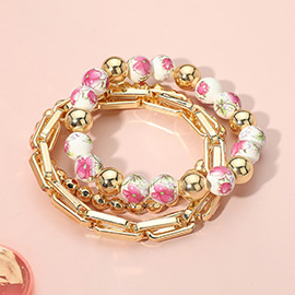 3PCS - Floral Ceramic Ball Metal Ball Beaded Stretch Multi Layered Bracelet