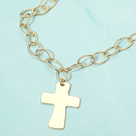 18K Gold Dipped Chunky Cross Pendant Oval Link Chain Statement Necklace