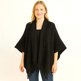 Solid Knit Fringe Trim Cocoon Shawl