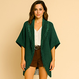 Solid Knit Fringe Trim Cocoon Shawl