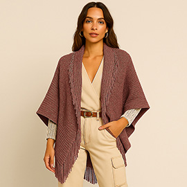 Solid Knit Fringe Trim Cocoon Shawl