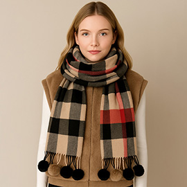 Pom Pom Tassel Trim Plaid Scarf
