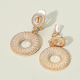 Textured Geometric Metal Ring Dangle Clip On Earrings