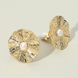 Pearl Accent Textured Flower Clip On Earrings