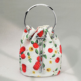 Bling Studded Cherry Floral Pattern Bucket Bag Handbag Crossbody Bag