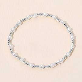 Pearl Accent Stainless Steel Ball Beaded Stretch Bracelet