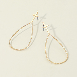 Metal Cross Top Textured Open Teardrop Earrings