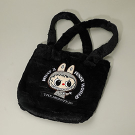 Monster Bunny Character Embroidered Faux Fur Plush Tote Bag