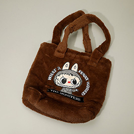Monster Bunny Character Embroidered Faux Fur Plush Tote Bag