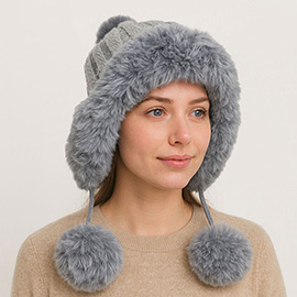 Faux Fur Ear Flap Pom Pom Winter Trapper Hat