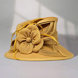 Flower Ribbon Feather Accented Sinamay Dressy Hat