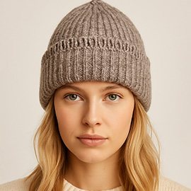 Chunky Ribbed Knit Loop Trim Winter Beanie Hat
