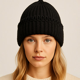 Chunky Ribbed Knit Loop Trim Winter Beanie Hat