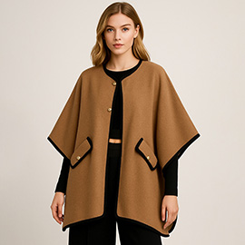 Button Front Solid Pocket Kimono Poncho