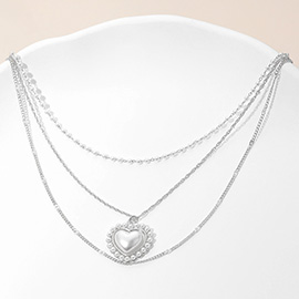 Pearl Heart Pendant Accent Triple Chain Layered Necklace