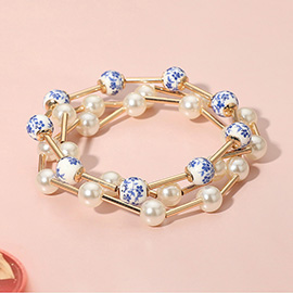 3PCS - Floral Ceramic Ball Pearl Beaded Stretch Multi Layered Bracelets
