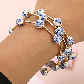 3PCS - Floral Ceramic Ball Beaded Stretch Multi Layered Bracelets