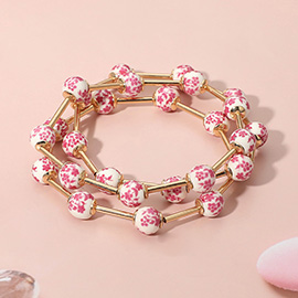 3PCS - Floral Ceramic Ball Beaded Stretch Multi Layered Bracelets