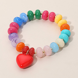 Heart Charm Accent Resin Pebble Beaded Stretch Bracelet