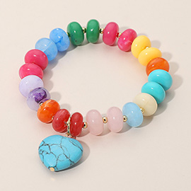 Heart Charm Accent Resin Pebble Beaded Stretch Bracelet