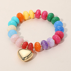 Metal Heart Charm Accent Resin Pebble Beaded Stretch Bracelet