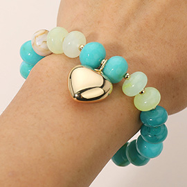 Metal Heart Charm Accent Resin Pebble Beaded Stretch Bracelet