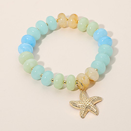 Textured Metal Starfish Charm Accent Resin Pebble Beaded Stretch Bracelet