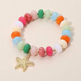 Textured Metal Starfish Charm Accent Resin Pebble Beaded Stretch Bracelet