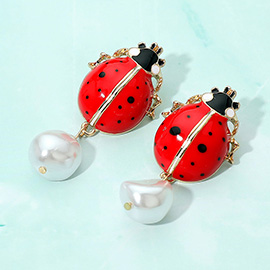Bold Pearl Drop Ladybug Earrings