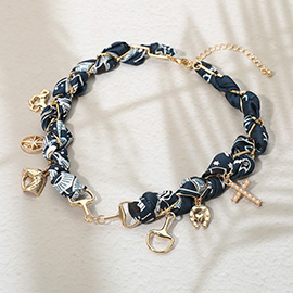 Horsebit Link Center Horse Horseshoe Pearl Cross Starburst Charm Station Fabric Necklace