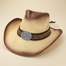 Western Flower Vine Embossed Oval Concho Buckle Band Cowboy Fedora Hat