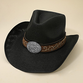 Western Flower Vine Embossed Oval Concho Buckle Band Cowboy Fedora Hat