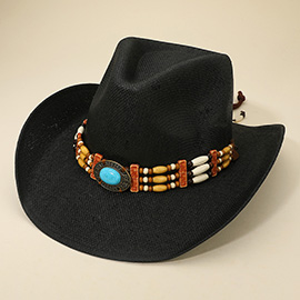 Western Oval Turquoise Concho Buckle Wooden Beaded Band Cowboy Fedora Hat