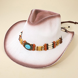 Western Oval Turquoise Concho Buckle Wooden Beaded Band Cowboy Fedora Hat