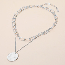 Brushed Hammered Metal Round Pendant Paperclip Chain Layered Necklace