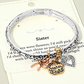 Sister Message Bow Heart Charm Stretch Bracelet