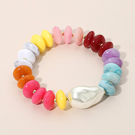 Abstract Pearl Accent Resin Pebble Beaded Stretch Bracelet
