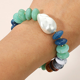 Abstract Pearl Accent Resin Pebble Beaded Stretch Bracelet