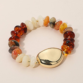 Polished Metal Accent Resin Pebble Beaded Stretch Bracelet