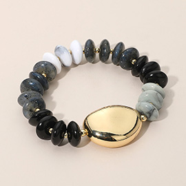 Polished Metal Accent Resin Pebble Beaded Stretch Bracelet