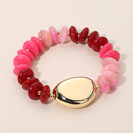Polished Metal Accent Resin Pebble Beaded Stretch Bracelet