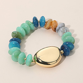 Polished Metal Accent Resin Pebble Beaded Stretch Bracelet